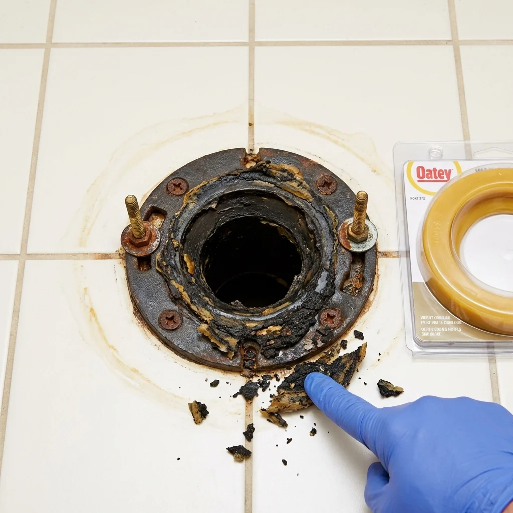 Failed wax ring showing water seepage at the base of a toilet in a Waverly, NY home